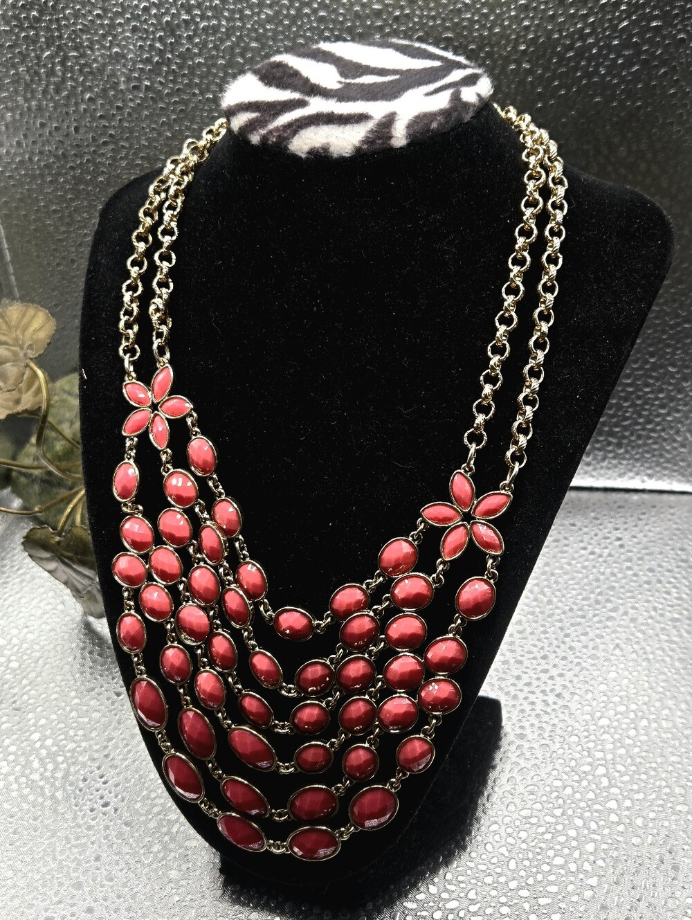 "5/$40" Goldtone Coral Flower Bib Statement Double Strand Adjustable Necklace